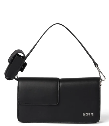 Shop MSGM  Borse: Borse MSGM, borsa baguette, in pelle nera, con doppia pattina, manico con porta rossetto, tasca interna fluo, chiusura a calamita, dimensione 24 x 12 x 5 cm.

