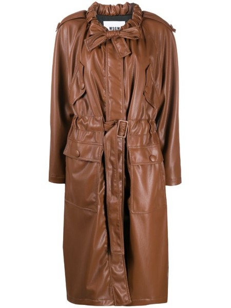 Shop MSGM Sales Coats: Coats MSGM, long fit, in soft eco leather, long sleeves, front buttons closure, belt on waist, 4 pockets, bow on the neck.

Composition: 100% polyester.