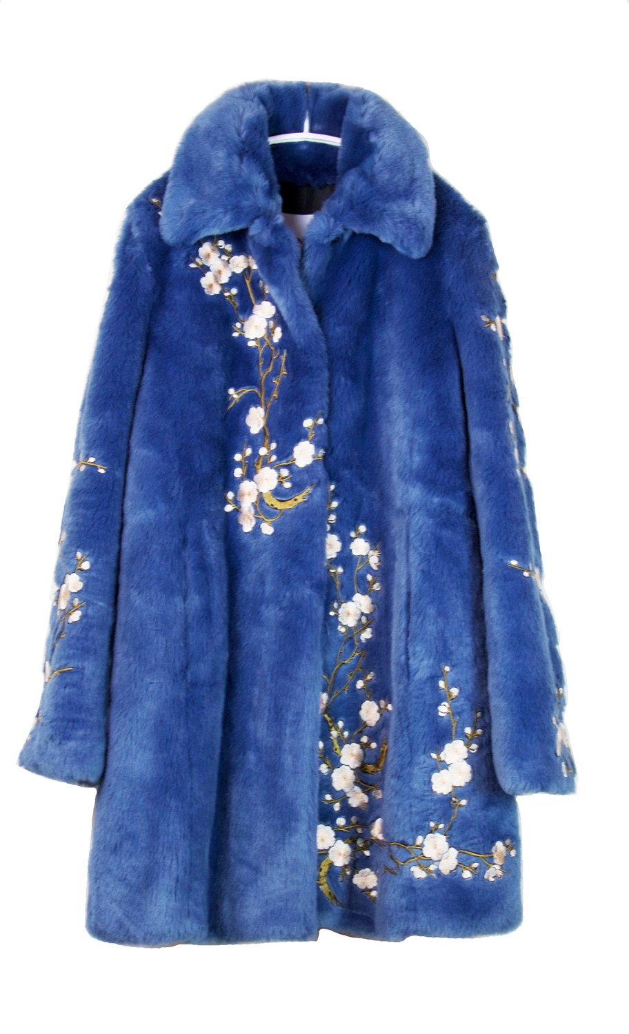 shop Ainea  Cappotti: Ainea faux fur with floral embroidered embellishment, light blue with pink cherry tree flower details. Shirt style collar, long sleeves, concealed fastening on front with buttons and pockets on side. Composition: 81% acrylic and 19% polyester. Made in Italy.. 
Total length (size 42): 87 cm.Chest (size 42): 100 cm.Bottom width (size 42): 132 cm.Sleeve length including shoulder (size 42): 80 cm. Italian size.
 number 765
