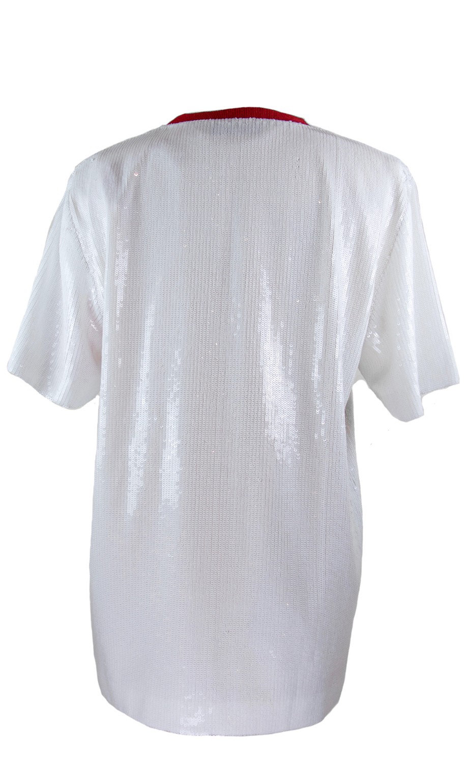 shop MSGM  T-shirts: T-shirt MSGM tutta di paillettes bianche, girocollo, manica corta, modello oversize, logo rosso, colletto rosso, sottoveste color cammello.

Composizione: 100% poliestere number 840