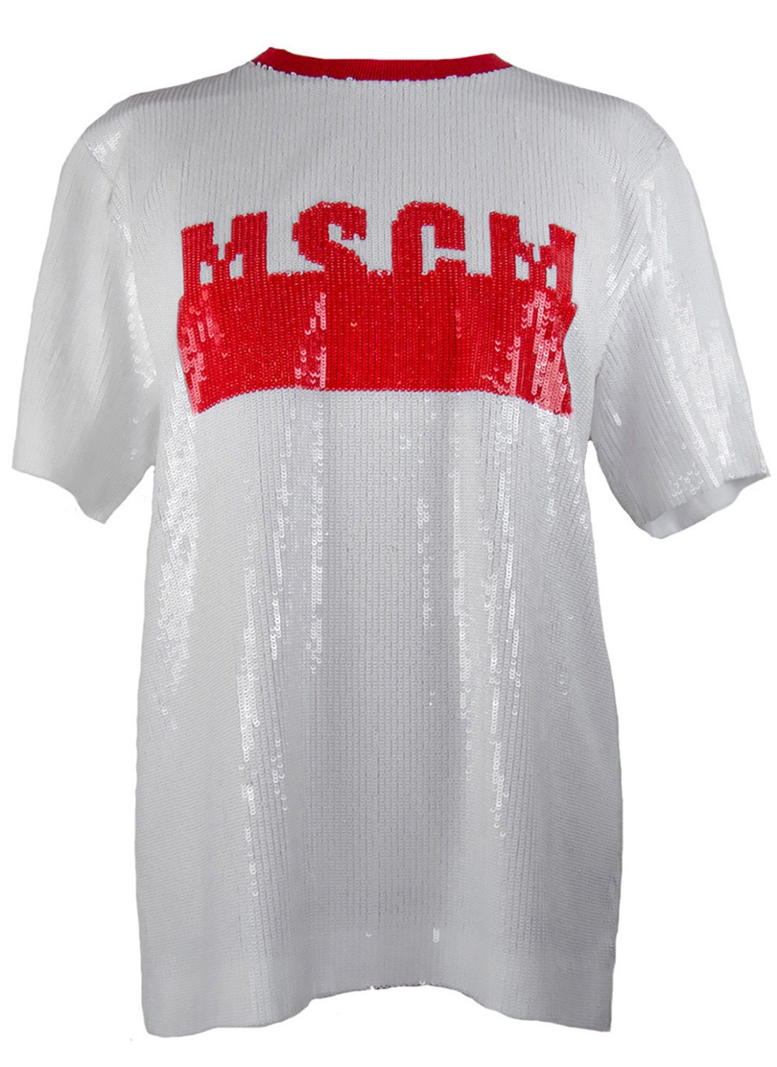 shop MSGM  T-shirts: T-shirt MSGM tutta di paillettes bianche, girocollo, manica corta, modello oversize, logo rosso, colletto rosso, sottoveste color cammello.

Composizione: 100% poliestere number 840