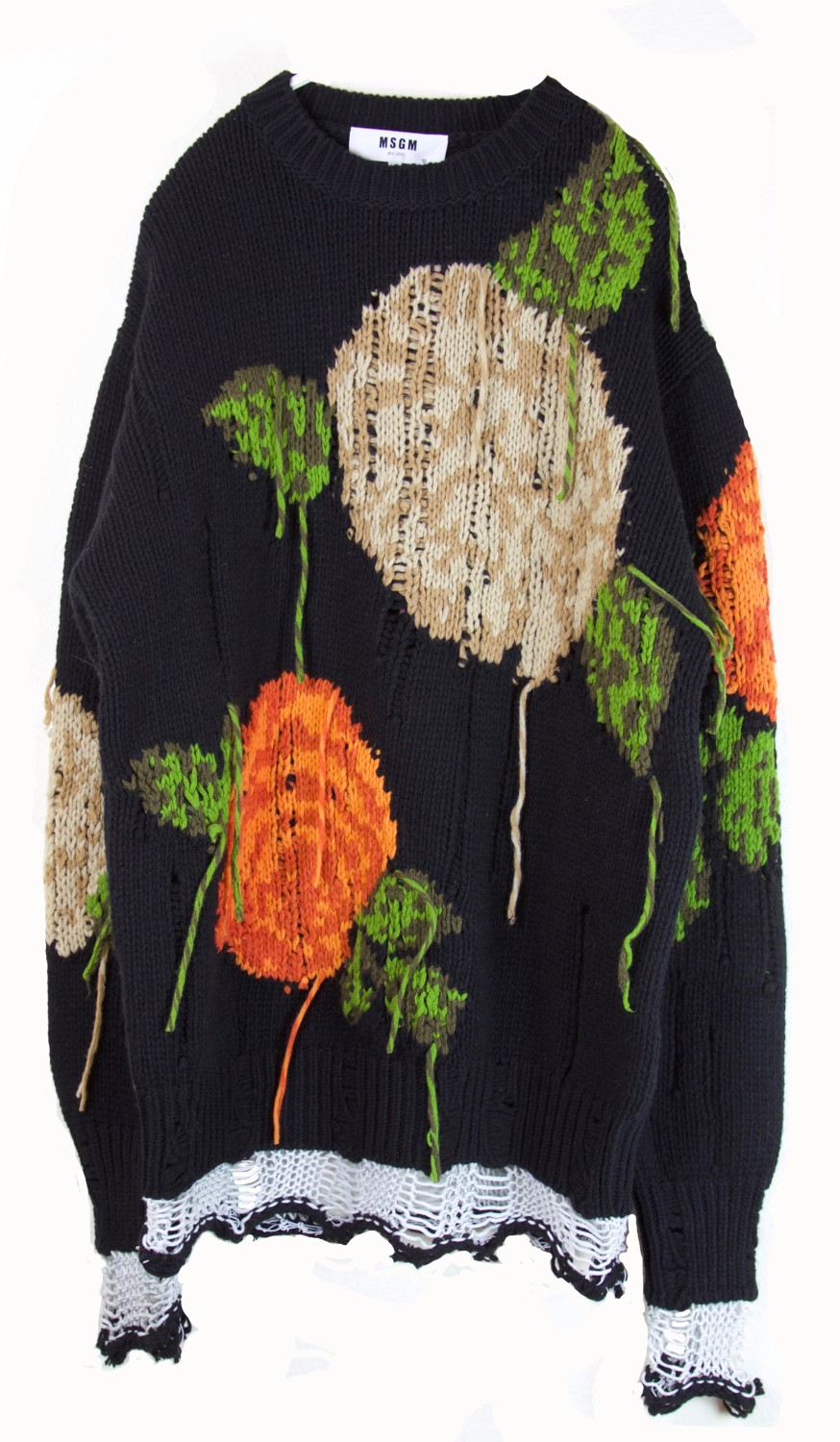 shop MSGM  Maglie: Maglia lunga MSGM girocollo, in 80% di lana e 20% poliammide, fatto a mano, nero con fiori arancio, bianco e verde. number 761