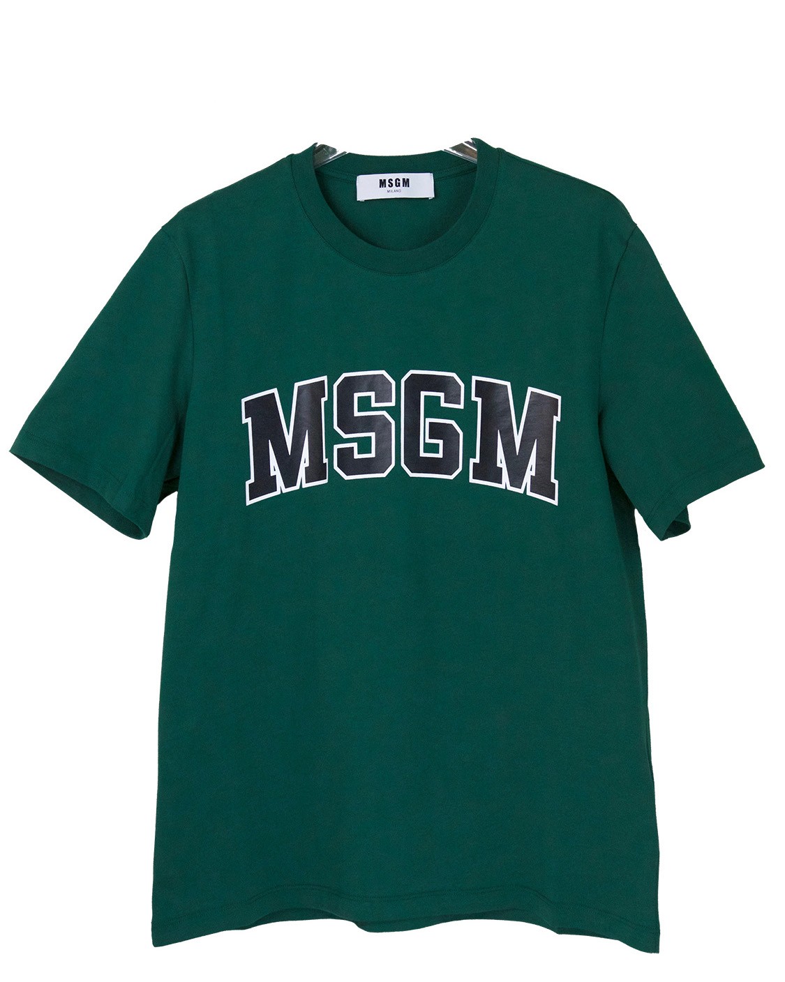 shop MSGM  T-shirts: T-shirt MSGM, maniche corte, girocollo, verde scuro con logo nero bordato di bianco.

Composizione: 100% cotone.
 number 865