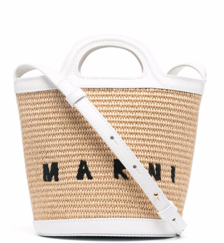 Shop Marni  Bags: Bags Marni, Tropicalia model, small size, in raphia and leather, bucket bag, with handles and shoulder strap, pocket inside with zip, logo on front.
