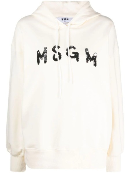 Shop MSGM  Felpe: Felpe MSGM, oversize fit, manica lunga, cappuccio, color panna, logo in paillettes.

Composizione: 100% cotone.